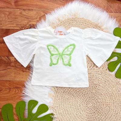 Conj. Blusa Borboleta com Mangas Flare e Short - Off White e Verde